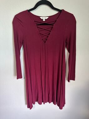 American Eagle Soft & Sexy Maroon Ribbed Lace-Up Swing Dress Long Sleeve Small